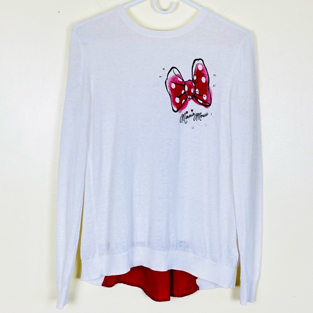 DISNEY PARKS Minnie Mouse Lightweight Sweater Embroidered Bedazzled Bow, Size M